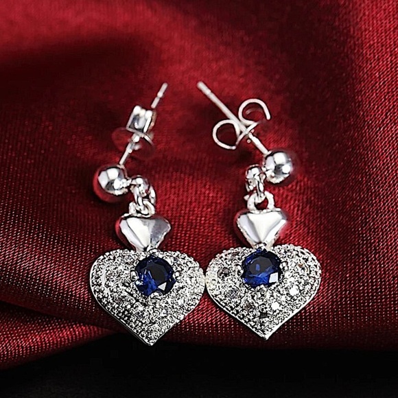 Sterling Silver Sapphire Heart Necklace Earrings Matching Set - Picture 5 of 6